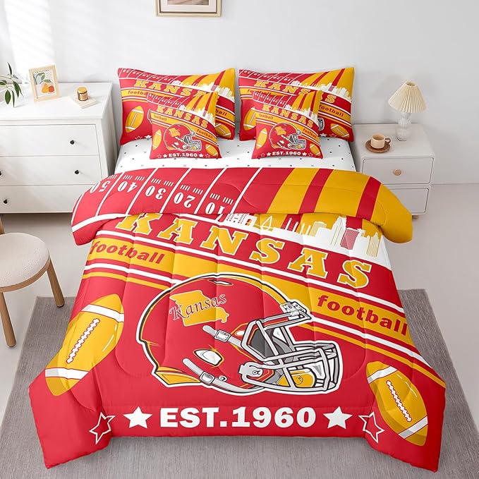 Feelyou Football 7 Pieces Comforter Sets Twin Size Kids Rugby Sports Bedding Set for All Season Football City Bed in a Bag with Comforter, Sheets, Pillowcases & Cushion Cover