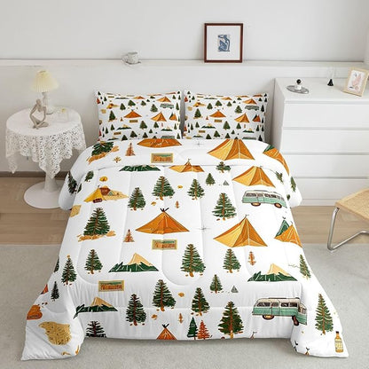 Feelyou Camping Comforter Set King Size Vintage Comforter Camper Accessories for Travel Trailers Bedding Set Camper Duvet Set Room Decor Ivory Quilt Set