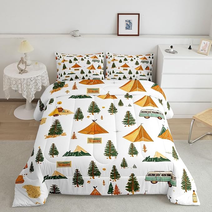 Feelyou Camping Comforter Set Queen Size Vintage Comforter Camper Accessories for Travel Trailers Bedding Set Camper Duvet Set Room Decor Ivory Quilt Set