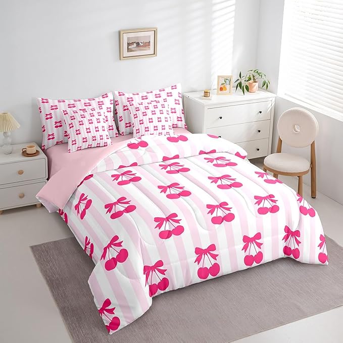 Feelyou Pink Girls Bow Bedding Set for All Season King Size Kawaii Cherry Prints 7 Pieces Comforter Sets for Boys Teens Decor Stripes Bed in a Bag with Comforter, Sheets, Pillowcases & Cushion Cover