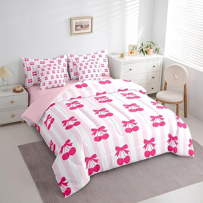 Feelyou Pink Girls Bow Bedding Set for All Season King Size Kawaii Cherry Prints 7 Pieces Comforter Sets for Boys Teens Decor Stripes Bed in a Bag with Comforter, Sheets, Pillowcases & Cushion Cover