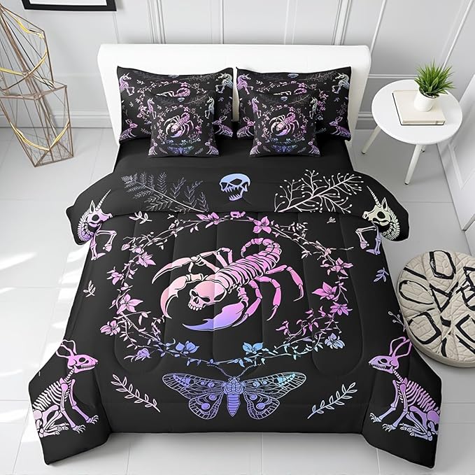 7 Pieces Scorpion Skull Comforter Set Queen,Bohemian Flowers Leaves Bedding Set for Kids Teens Adults,Butterfly Animals Skeleton(Comforter+Fitted+Flat Sheet+2 Pillowcases+2 Throw Pillow Covers)