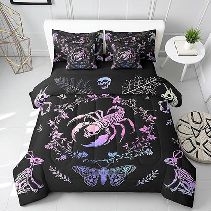7 Pieces Scorpion Skull Comforter Set Queen,Bohemian Flowers Leaves Bedding Set for Kids Teens Adults,Butterfly Animals Skeleton(Comforter+Fitted+Flat Sheet+2 Pillowcases+2 Throw Pillow Covers)