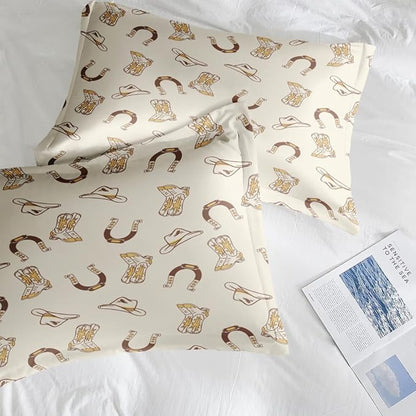 Comforter Set King Size, Vintage Cowgirl Cowboy 7 Pcs Bedding for Kids and Adults, Retro Western Horseshoe Bed Sheet Sets with Fitted Sheet 2 Pillowcases & 2 Shams