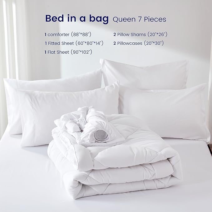 SLEEP ZONE Comforter Set Queen Cooling, 7 Pieces Down Alternative Quilted Comforter for Women and Men, Include Comforter, Fitted Sheet, Flat Sheet, Pilowcase, Pillow Sham (White Square, Queen)