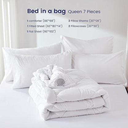 SLEEP ZONE Comforter Set Queen Cooling, 7 Pieces Down Alternative Quilted Comforter for Women and Men, Include Comforter, Fitted Sheet, Flat Sheet, Pilowcase, Pillow Sham (White Square, Queen)