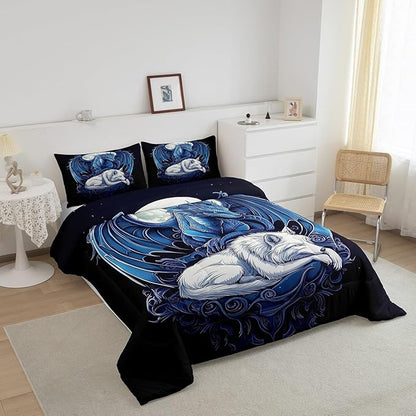 Erosebridal Dragon Comforter Set Toddler Size for Boys, Wolf Animals Bedding Set, Tribal Exotic Wildlife Down Comforter for Boys Adult Men Room, Moon Starry Sky Quilt, Black Blue