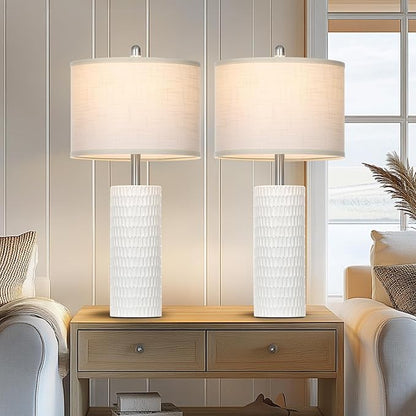 27" Ceramic Table Lamp, Farmhouse Table Lamp for Living Room, White Lamp for Bedroom, Night Stand, Modern Bedside Lamp Set of 2, End Table Lamps, White(2 Bulbs Included)