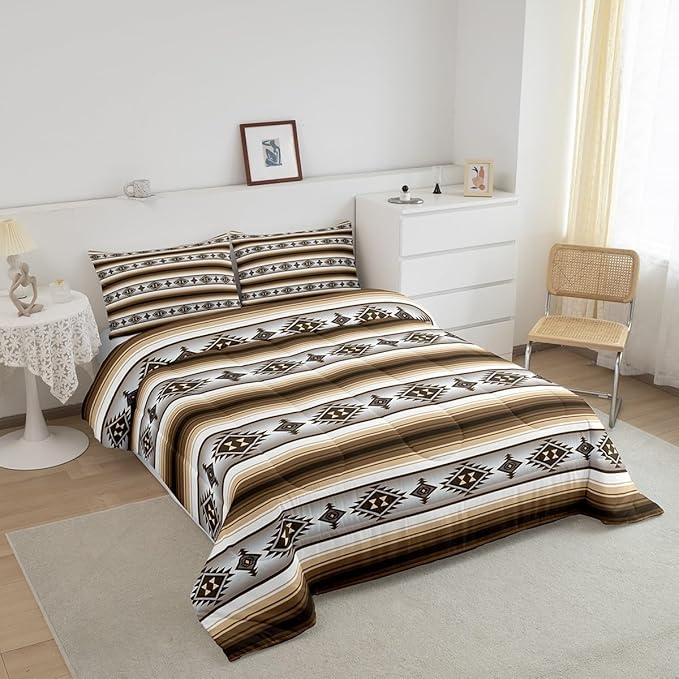 Erosebridal Rustic Lodge Cabin Comforter Set Toddler Western Boho Bedding Sets Bohemian Striped Aztec Quilt Comforter for Kids Adults Men Retro Brown Country Bed Set Farmhouse Home Decor 2 Pcs