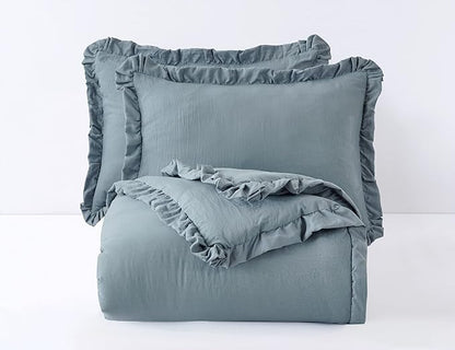 Chezmoi Collection Nora Dusty Blue Comforter Set King Size 3-Piece Fluffy Soft Stone-Washed Ruffled Shabby Chic Bedding for All Season