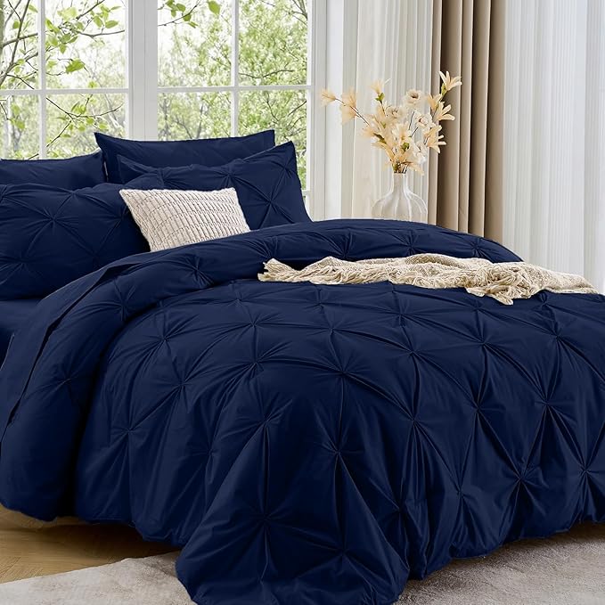 Sasttie California King Comforter Set, 7-Piece Bed in a Bag, Pintuck Bedding Sets for All Season, Includes Comforter, Flat Sheet, Fitted Sheet, Pillowcases and Pillowshams, Navy Blue