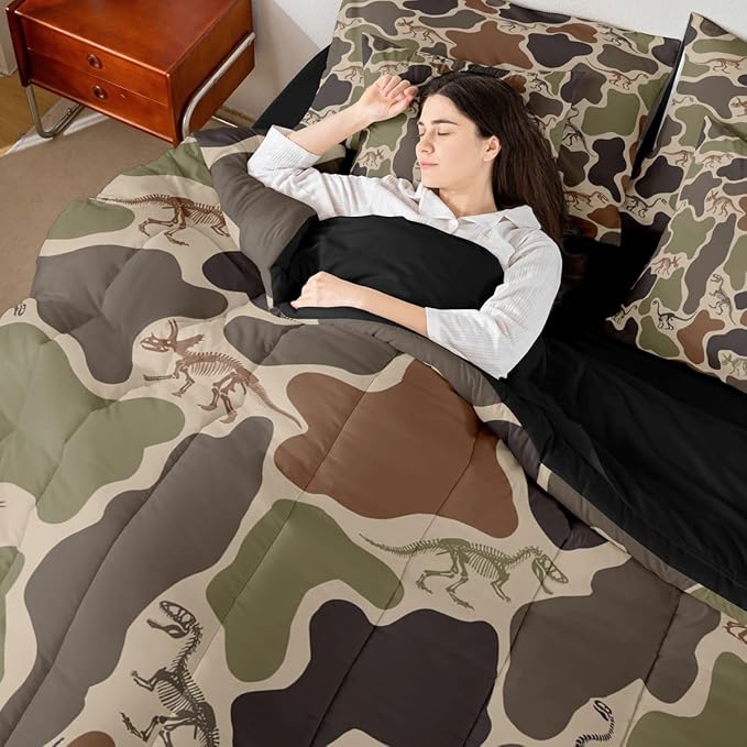 Erosebridal Camo Dino 7 Piece Bedding Set Twin Army Camouflage Comforter Set with Sheets Dinosaur Skeleton Farmhouse Green Bed in a Bag Boys Vintage Hunting Theme Bed Sets Comforter