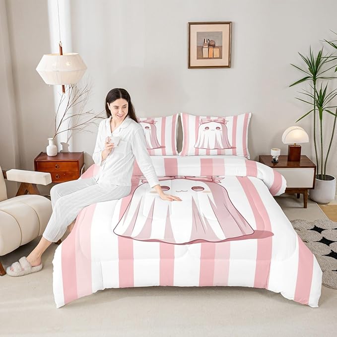 Erosebridal Girls Halloween Decorations King Bedding Set, Pink Ghost Pink Bow Comforter Set for Kids Teens Youth Adults Cute Room Decor, Bows Comforter Abstract Stripes Holloween Quilt, 2 Pillowcases
