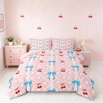 Feelyou Girls Bow Comforter Set King Size Cute Bowknot Bedding Set for Boys Teens Decor Kawaii Cherry Comforter Stripes Duvet Set Bedroom Blue Bow Quilt Set 3Pcs