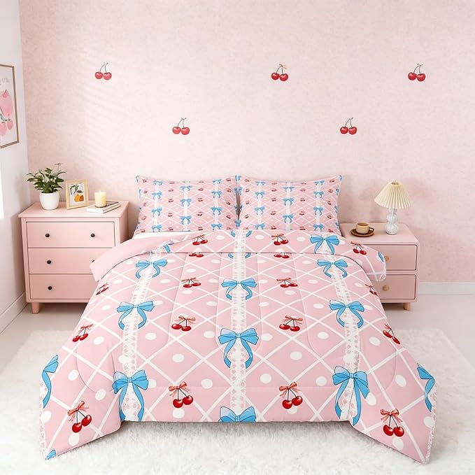 Feelyou Girls Bow Comforter Set Queen Size Cute Bowknot Bedding Set for Boys Teens Decor Kawaii Cherry Comforter Stripes Duvet Set Bedroom Blue Bow Quilt Set 3Pcs