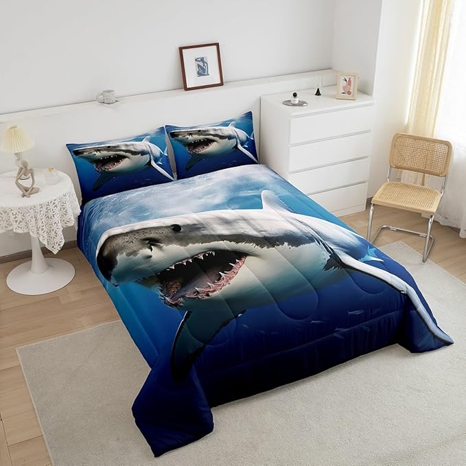 Kids Comforter Set for Boys Girls,3D Shark Fish Down Comforter 2 Piece Hawaiian Beach Theme Bedding Quilted Duvet Set Ocean Sea Animal Pattern Blue Duvet Insert for Toddler Teen Bedroom Decor,Twin