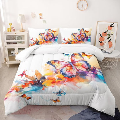 Colorful Butterfly Comforter Sets Queen，Bedding Sets for Kids，Watercolor Butterfly Comforter Sets All Season 1 Comforter and 2 Pillowcases
