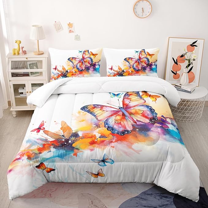 Colorful Butterfly Comforter Sets Full Size，Bedding Sets for Kids，Watercolor Butterfly Comforter Sets All Season 1 Comforter and 2 Pillowcases