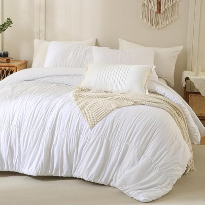 Lady Ann Oversized King Size Comforter Sets 120x120 White Ruched Bedroom Sets, Fluffy Bedding Comforter Sets, Soft & Luxurious All Season Bed Sets for Women Men, 3pcs
