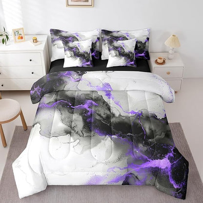 Erosebridal 7pcs Black Purple Marble Bedding King Size Grey Marbling Comforter Set, Modern Aesthetic Bedding Comforter Sets Mountain Fluid Bed in a Bag, Foil Print Stone Pattern Bedding Accessories