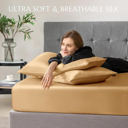 THXSILK 100% Mulberry Silk Fitted Sheet Set, 7A+ Silk 3 Pieces Bed Sheets, Breathable, Smooth, 16 Inch Deep Pocket Fitted Sheet, 2 Pillowcases - Metallic Gold, King
