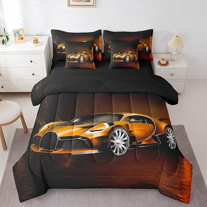 Feelyou Race Car 7 Piece Bedding Set Toddler Full, Orange Racecar Bed in a Bag for Kids Boys Girls Comforter Set with Sheets Cool Speed Sports Car Bedroom Decor 7 with 2 Pillowcases