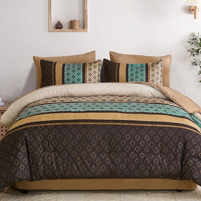 Cottolester Queen Comforter Set 7 Pieces Brown and Green Boho Striped Bed in a Bag,Soft Microfiber Complete Bedding Sets