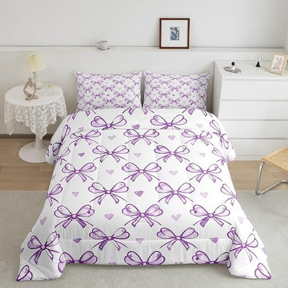 Purple Bow Girlish Comforter Set Twin Size,Bowknot Love Heart Cartoon Girly Bedding Set,Girls Women Room Decor,Bow Princess Style Romantic Down Comforter,Simple Chic Duvet Insert,1 Pillowcase