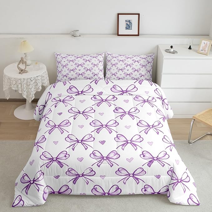 Purple Bow Girlish Comforter Set Queen Size,Bowknot Love Heart Cartoon Girly Bedding Set,Girls Women Room Decor,Bow Princess Style Romantic Down Comforter,Simple Chic Duvet Insert,2 Pillowcases