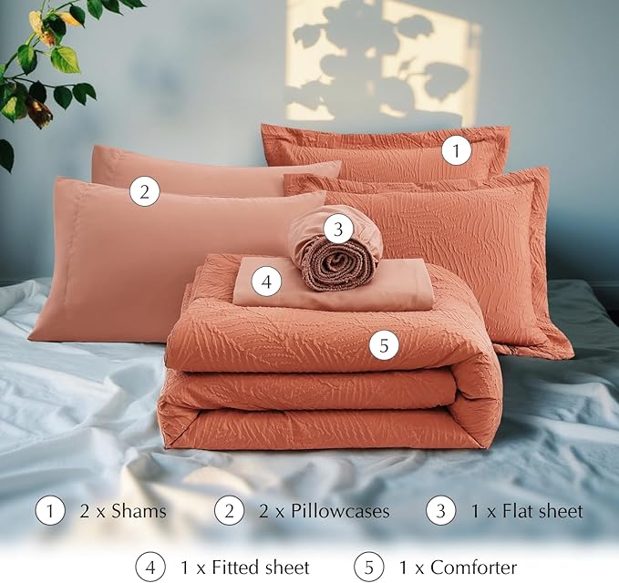 Geniospin Full Size Comforter Set - 7 Pieces Burnt Orange Bedding Set, Botanical Textured Fall Comforter Set, All Season Lightweight Bed in a Bag with Comforter, Sheets, Pillowcases & Shams