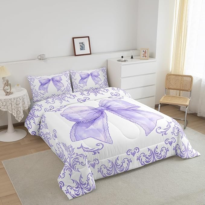 jejeloiu Girls Pretty Ribbon Purple Bow Bedding Set King Size Purple Damask Comforter Set for Kids Women Cute Bow Duvet Set Princess Quilt Set 3Pcs