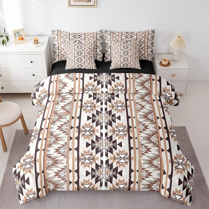 Erosebridal 7 Piece Rustic Western Comforter Set with Sheets Southwestern Aztec Bedding Set Full Vintage Tribal Bohemian Geometric Bed in A Bag for Women Adults Exotic Ethnic Native American Bed Set