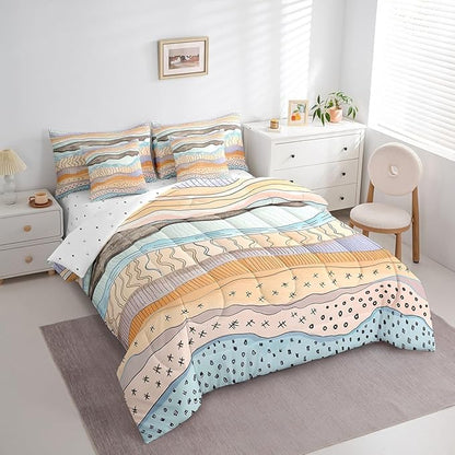 Geometric Wave Bedding Comforter Sets 7pcs Girls Pink Beige Blue Bed in a Bag, Black Polka Dots Twin Bedding Sets Modern Abstract Art Comforter Set, Vintage Minimalist Bedding Sets & Collections