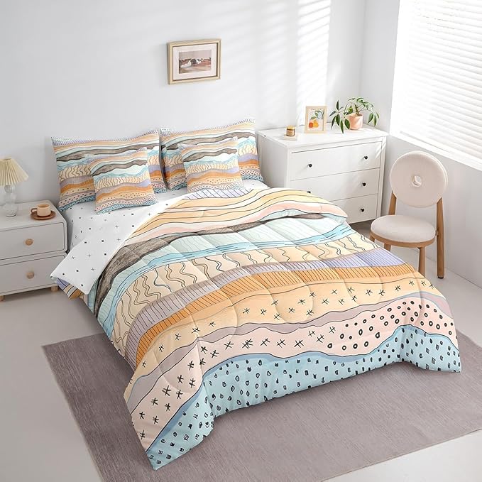 Erosebridal Geometric Wave Bed in a Bag 7-Piece Girls Pink Beige Blue Bedding Set, Black Polka Dots Full Size Comforter Set Modern Abstract Art Bedding Comforter Sets, Vintage Minimalist Bed Set