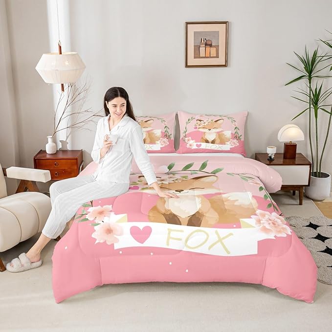 Feelyou Girls Cartoon Fox Comforter Set Cute Fox Bedding Set for Kids Boys Girls Kawaii Animal Duvet Set Botanical Floral Comforter 1 Comforter Set with 1 Pillowcase Twin Size