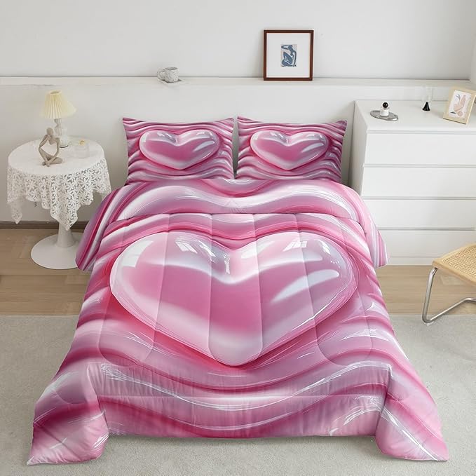 Erosebridal 3D Love Heart Bedding Set Toddler Size, Kawaii Decor Down Comforter for Kids Teens Girls Women Room, Pink Girly Comforter Set, Abstract Quilt, Soft Microfiber Decor