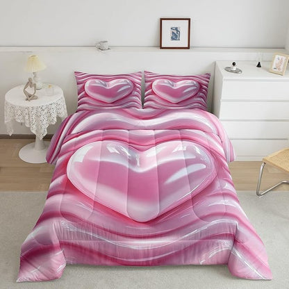 Erosebridal 3D Love Heart Bedding Set Toddler Size, Kawaii Decor Down Comforter for Kids Teens Girls Women Room, Pink Girly Comforter Set, Abstract Quilt, Soft Microfiber Decor