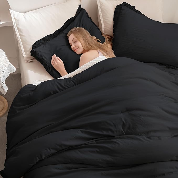 Andency Black Comforter Set King Size, 3 Pieces Boho Tassel Lightweight Bedding Comforter Sets for King Bed, All Season Soft Fluffy Fringe Bed Set (104x90In Comforter & 2 Pillowcases)