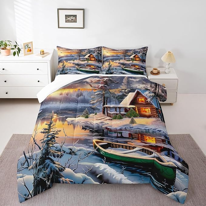 Winter Wood Cabin Comforter Set Full Size,Lake Boat and Mountain Scenery Bedding Set for Kids Teens Adult Room Decor,Snowflake Pine Tree Quilt Set Happy New Year Duvet Insert,2 Pillowcases
