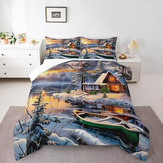 Winter Wood Cabin Comforter Set Full Size,Lake Boat and Mountain Scenery Bedding Set for Kids Teens Adult Room Decor,Snowflake Pine Tree Quilt Set Happy New Year Duvet Insert,2 Pillowcases