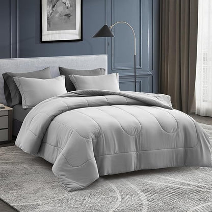 Maple&Stone Full Size Comforter Sets Grey, 7 Pieces Bed in a Bag - Down Alternative Bed Set with Comforter, Sheets, Pillowcases & Shams, All Season Lightweight Bedding Set, Light Grey