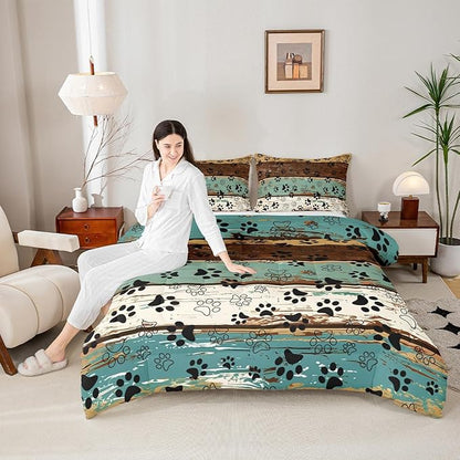 Manfei Dog Paw Print Comforter Set Queen Size, Animal Theme Bedding Set for Kids Boys Girls Room Decor, Farmhouse Blue Brown Wooden Plank Down Comforter, Soft Polyester Quilt Set,2 Pillowcases