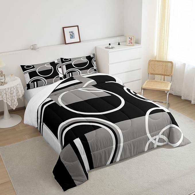 Erosebridal Modern Grey Black Striped Comforter Set Geometric Down Comforter Twin Size Retro Circle Swirls Bedding Set Bedroom Decor Abstract Texture Color Art Comforter for Kids Adult