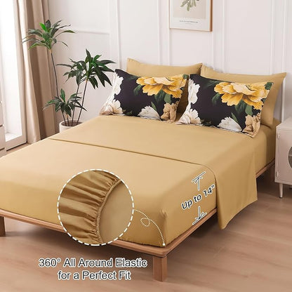 Dobuyly Black Floral Comforter Set Queen 7 Piece Bed in a Bag, Yellow Brown Flower Printed on Black Comforter Set with Sheets, Soft Microfiber Botanical Boho Bedding Set for All Season