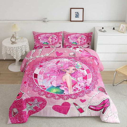 Mermaid Princess Kids Comforter Set Twin Size,High-Heeled Shoes Lip Bowknot Romantic Bedding Set,Girls Women Room Decor,Glitter Sequin Castle Down Comforter,Pink Dreamy Duvet Insert,1 Pillowcase