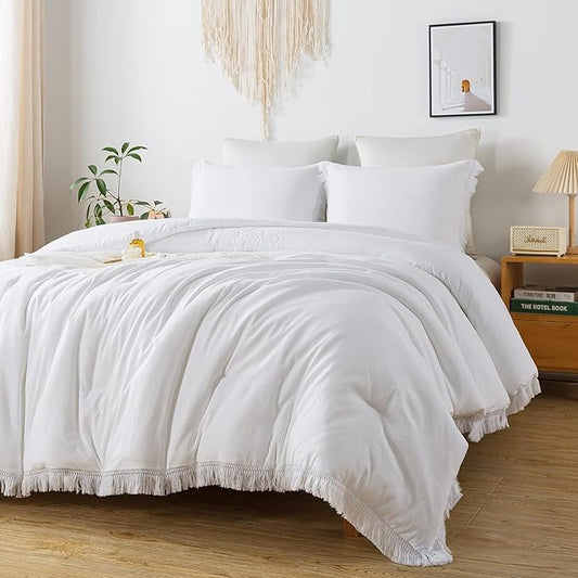 Andency White Comforter Set California King, Boho Tassel Lightweight Bedding Comforter Sets, 3 Pieces All Season Soft Fluffy Fringe Bed Set (104x96In Comforter & 2 Pillowcases)