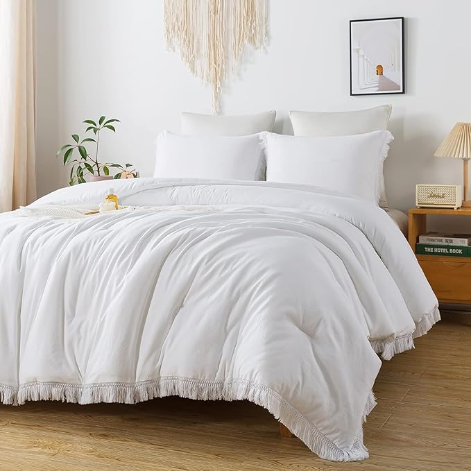 Andency White Comforter Set Queen, 3 Pieces Boho Lightweight Bedding Comforter Sets, All Season Soft Bed Set (90x90In Comforter & 2 Pillowcases)