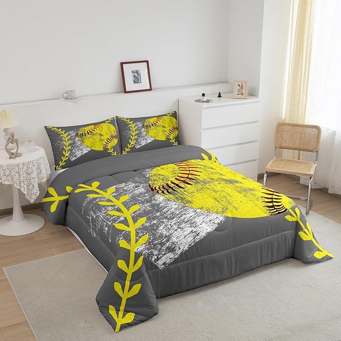 Softball Comforter Set for Kids Boys Girls,Yellow Baseball Bedding Set Queen Size Lightweight,Graffiti Watercolor Ball Game Down Comforter Bedroom Decor,Young Man Sports Quilted Duvet 3 Piece