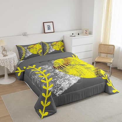 Erosebridal Softball Comforter Set for Kids Boys Girls,Yellow Baseball Bedding Set King,Graffiti Watercolor Ball Game Duvet Insert Bedroom Decor,Young Man Sports Down Comforter with 2 Pillowcases