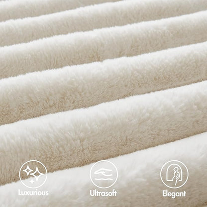 Madison Park Jasmine Queen Comforter Set, Luxurious Reversible Faux Fur Plush Ribbed Velvet Bedding, Fuzzy Thick Warm Winter Comforter, Super Soft Fluffy 3-Piece Set Ivory